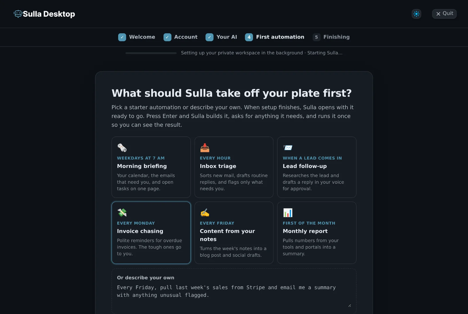 Sulla's setup wizard asking what to take off your plate first, with six starter automations